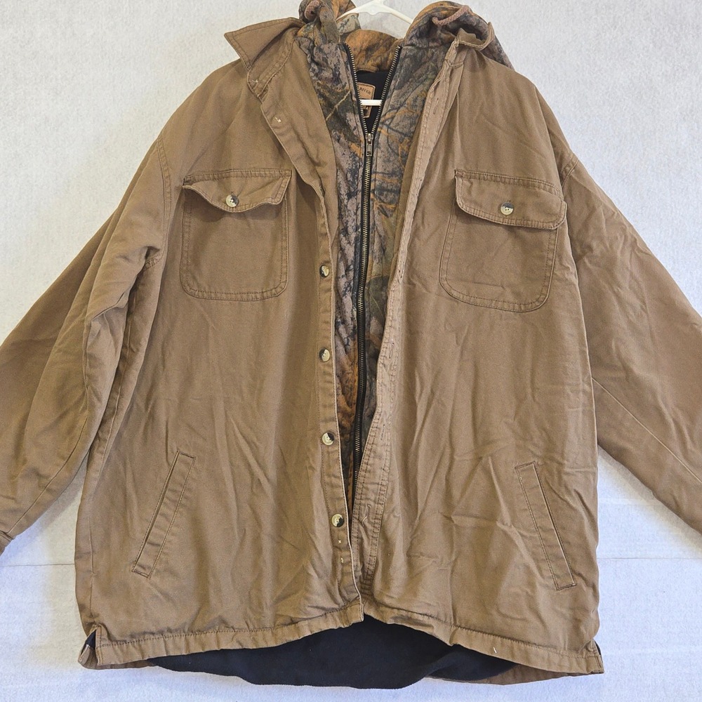 Buckhorn River Mens XL Brown Canvas Camo Lined Hooded Work Jacket Coat B#332 - Picture 2 of 10